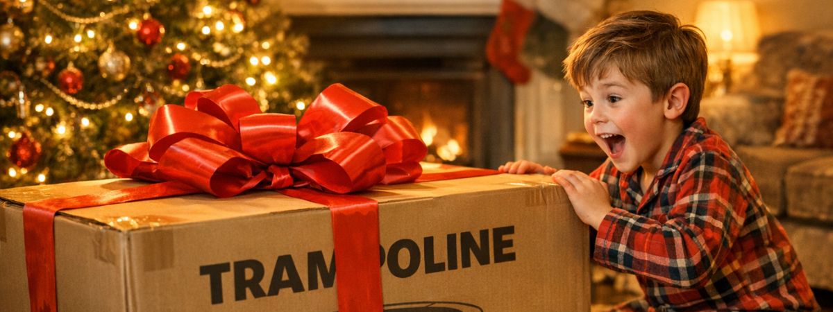 Child discovering Christmas trampoline box with red bow on Christmas morning - CoPilot AI