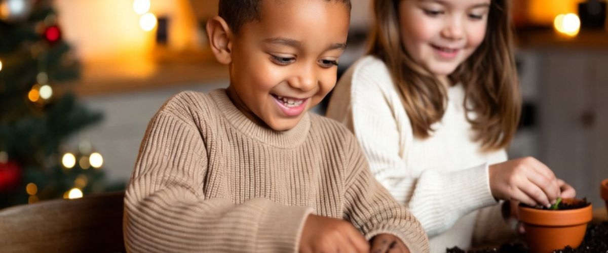 Children planting Christmas seeds together in cosy UK kitchen with gardening tools - Grok Imagine