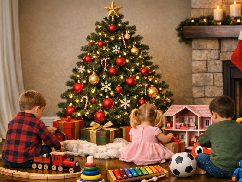 Children playing around the christmas tree with toys