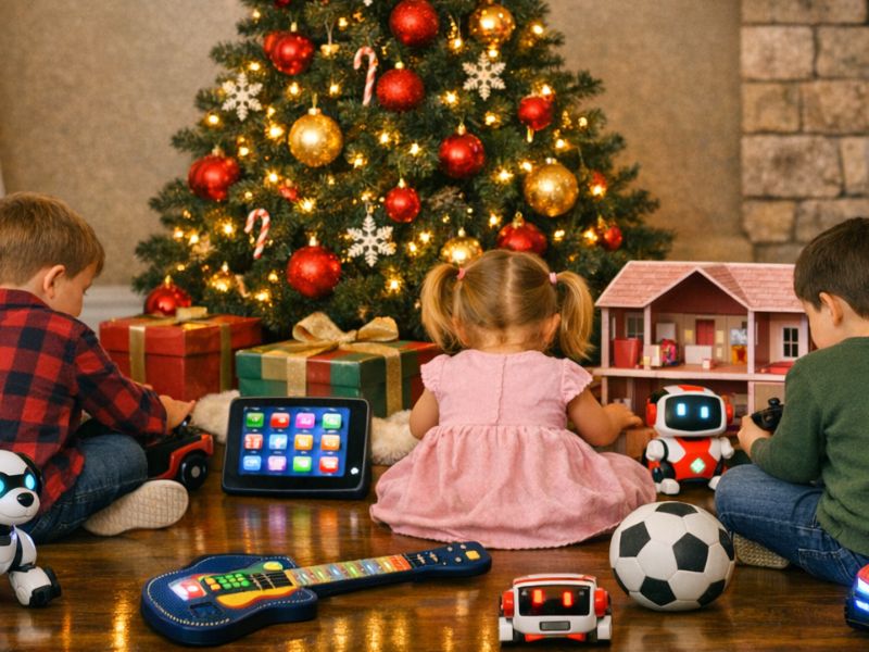 Children playing with electronic toys around the christmas tree