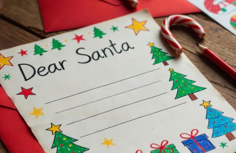 Child's handwritten letter to Santa decorated with Christmas drawings and stickers - Grok Imagine
