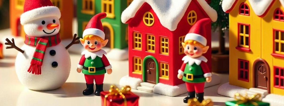 Christmas playset — festive snowy village scene with Christmas trees and elf figures - grok imagine