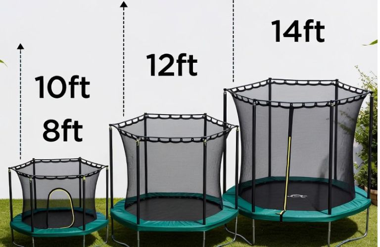 Christmas trampoline size comparison guide showing 8ft 10ft 12ft and 14ft trampolines - Grok AI