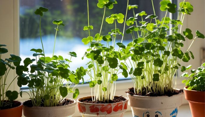 Cress heads growing in decorated yoghurt pots on sunny windowsill in cosy home - Grok Imagine