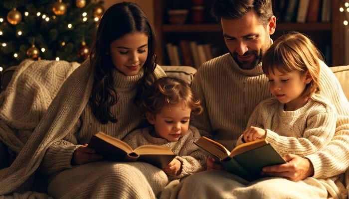 Family reading together on sofa on Christmas evening with Christmas tree lights glowing - Grok Imagine