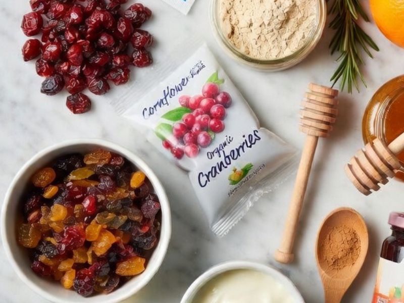 Gluten free Christmas bread ingredients including cranberries, cornflour and festive spices - Grok AI