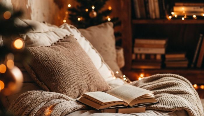Magical Christmas reading nook with fairy lights blanket and books for children - Grok Imagine