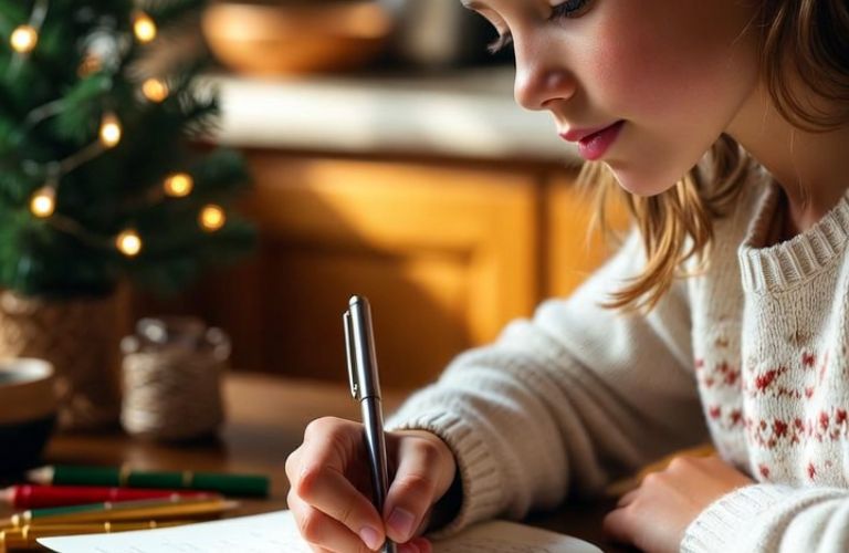 Older child writing a Christmas story in a journal with fairy lights in background - Grok Imagine