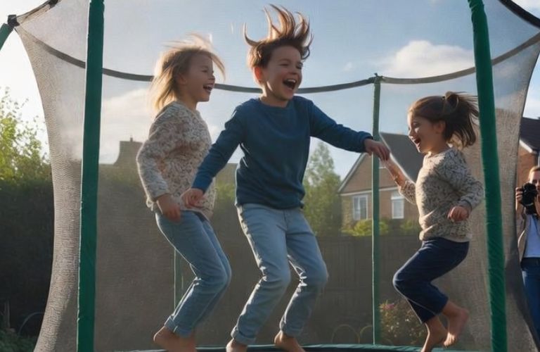 Two children bouncing safely on garden trampoline with safety enclosure net - grok imagine