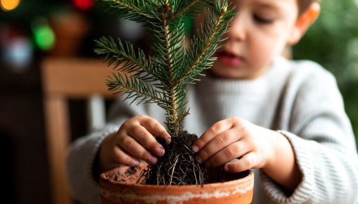 Young child planting Norway Spruce Christmas tree seedling in terracotta pot - Grok Imagine