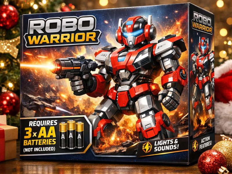 A Image of Christmas with a toy box showing how many batteries are required