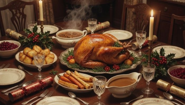 1930s British Christmas dinner table with roast turkey potatoes and period crockery - grok imagine