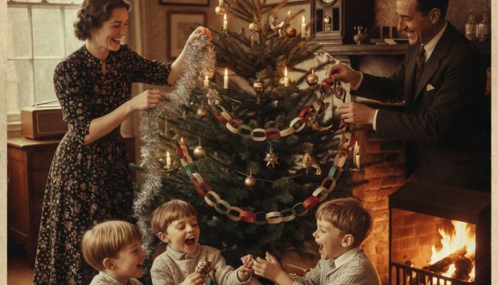 1930s British family decorating Christmas tree together on Christmas Eve with candles and paper chains - grok imagine
