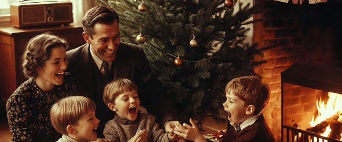 1930s British family gathered around Christmas tree on Christmas morning with gifts and coal fire - Grok Imagine