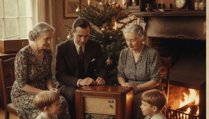 1930s British family gathered around wireless radio listening to King's Christmas broadcast - grok imagine