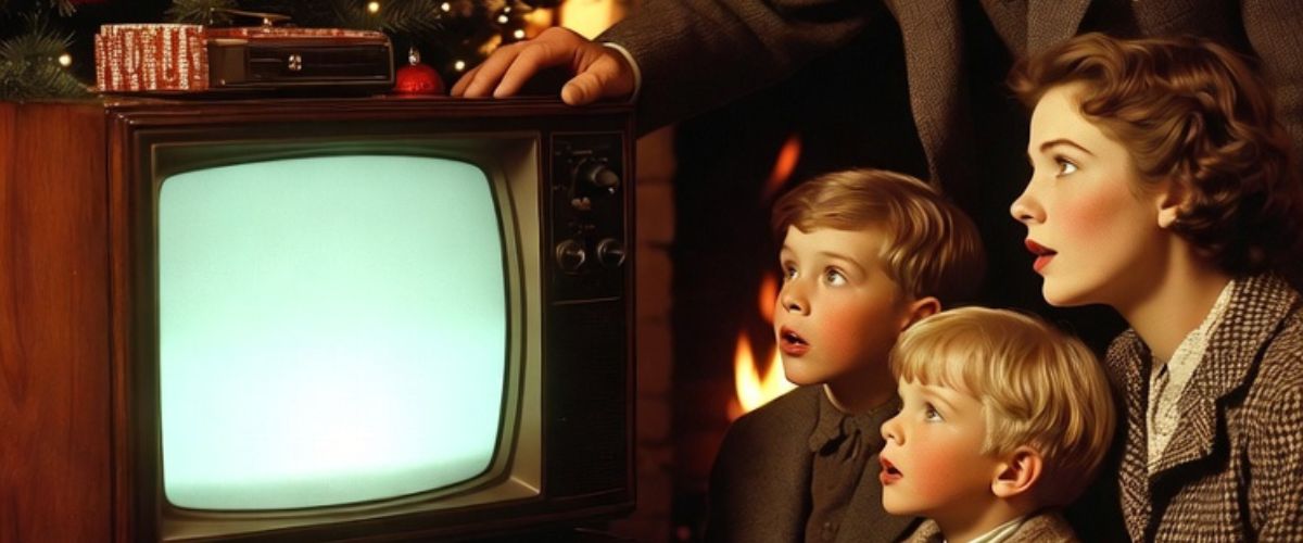 1930s British family gathered in wonder around wooden cabinet television set on Christmas evening with coal fire and Christmas tree - grok imagine