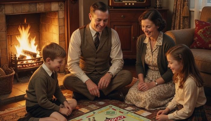 1930s British family playing Monopoly together around coal fire after Christmas dinner - grok imagine