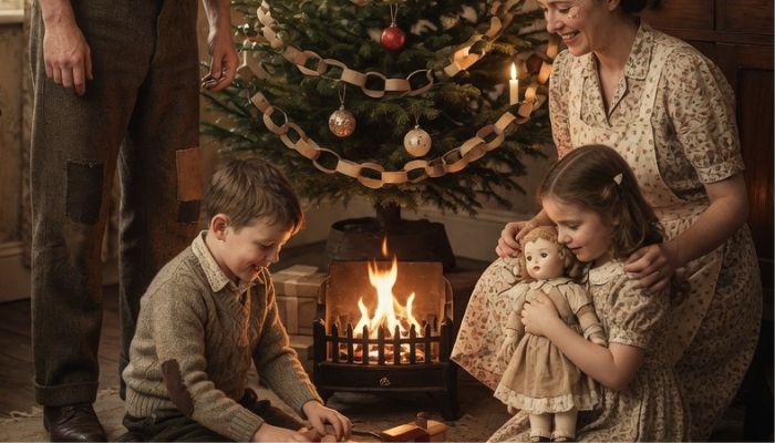 1930s British working class family gathered around Christmas tree with simple gifts-grokimagine
