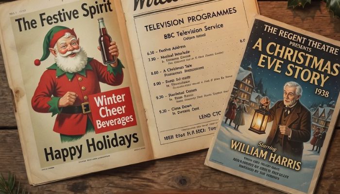 1930s Christmas memorabilia including wooden wireless radio handwritten television schedule and vintage theatre programme on aged wood - Grok Imagine