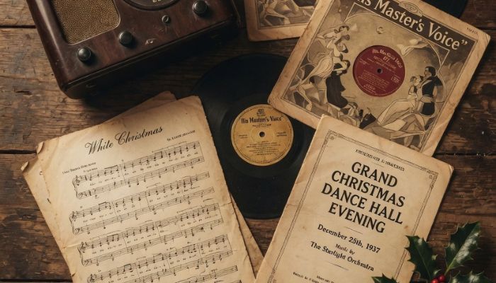 1930s music memorabilia including vintage vinyl records sheet music Bakelite wireless radio and Christmas dance hall programme - Grok Imagine