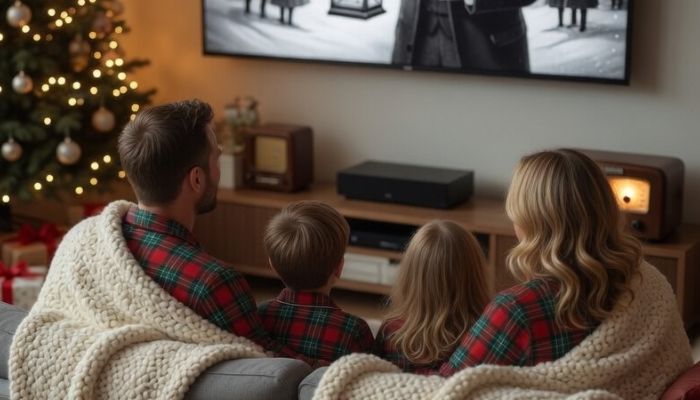 A family gathered on a sofa with throws on watching an old fashion 1930s christmas television programme - grok imagine