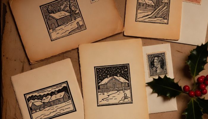 Authentic 1930s British Christmas cards with stamped images period envelopes and postage stamps on aged wood - Grok Imagine