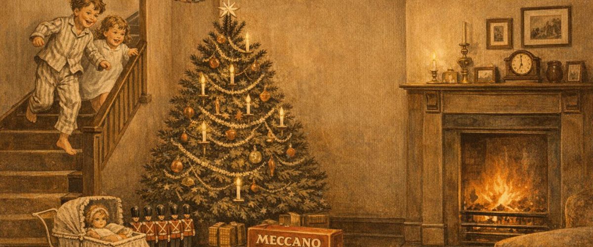 Children discovering 1930s Christmas gifts under the tree on Christmas morning in period British home - Copilot