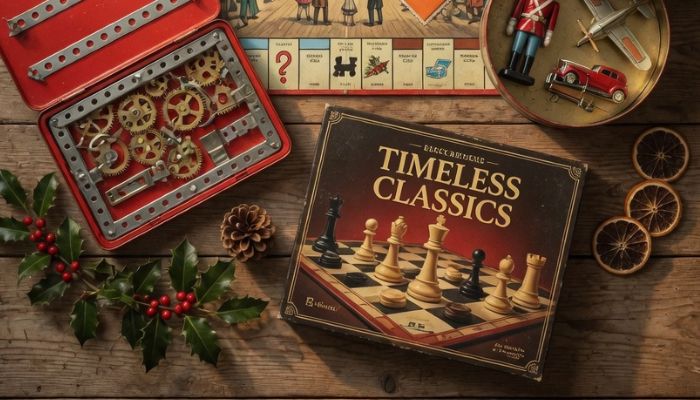 Classic timeless Christmas gifts inspired by the 1930s including Monopoly Meccano and tin toys - grokimagine
