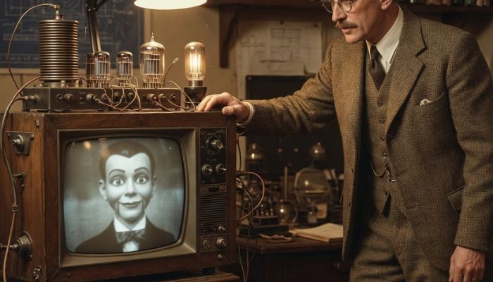 Early 1930s British television demonstration showing wooden cabinet television set with small glowing screen in period laboratory - Grok Imagine
