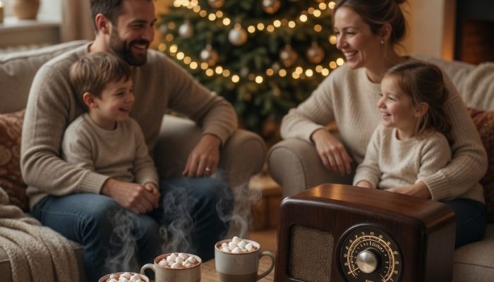Modern family listening to vintage 1930s Christmas music on retro wireless style Bluetooth speaker on cosy winter evening - grok imagine