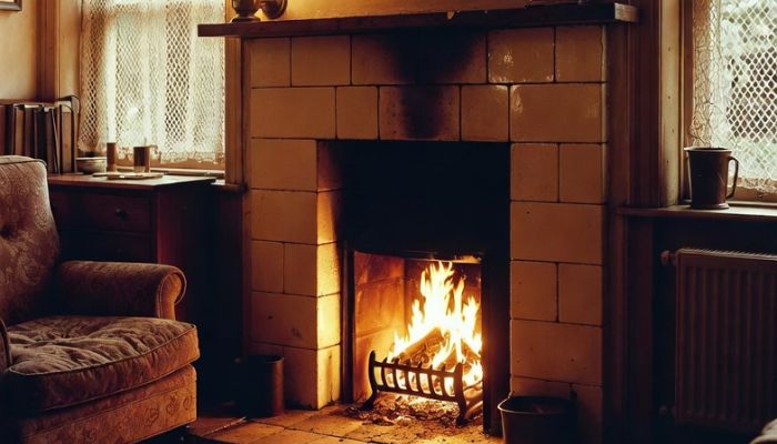 Typical 1930s British working class terraced house living room at Christmas with coal fire gas lamp and simple decorations - grok imagine