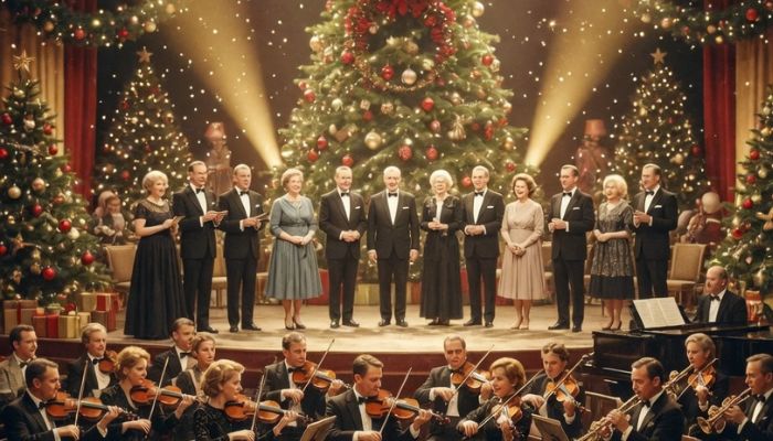 1960s BBC television variety show stage on Christmas evening with orchestra performers and festive decorations - Grok Imagine