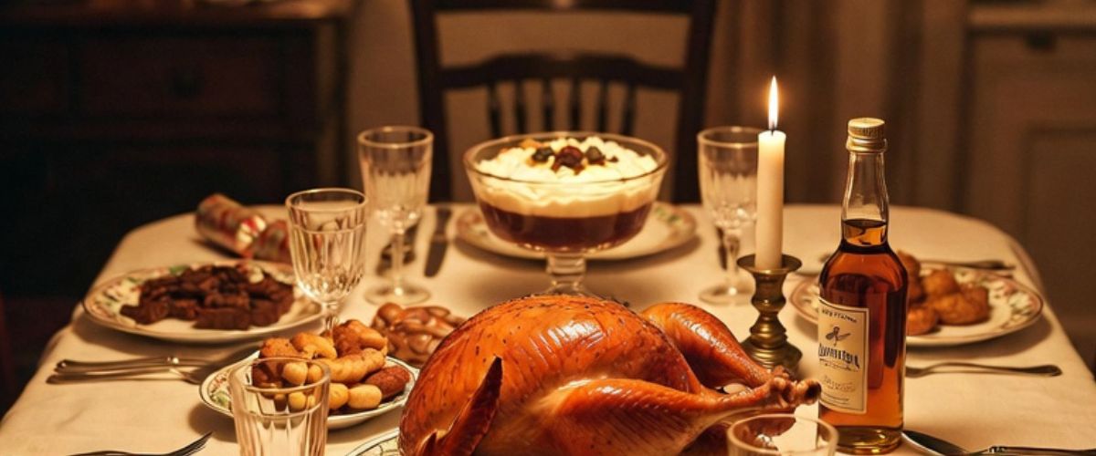 1960s British Christmas dinner table with roast turkey trifle bowl Christmas crackers and period crockery - Grok Imagine