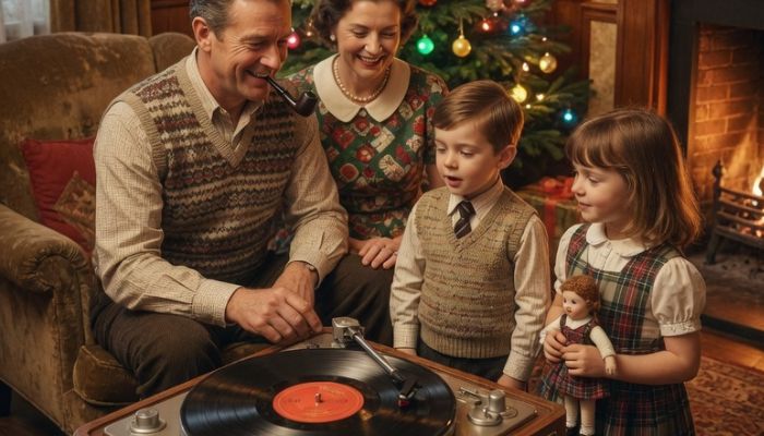 1960s British family gathered around record player on Christmas evening with Christmas tree and coal fire - grok imagine