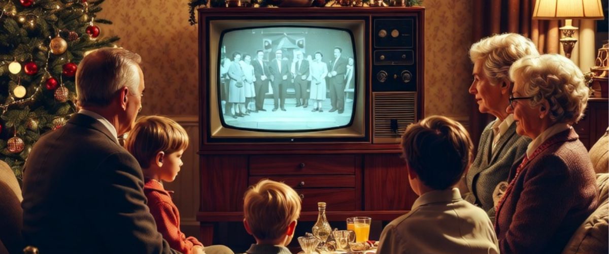 1960s British family gathered around wooden television set on Christmas evening watching festive variety show - Grok Imagine