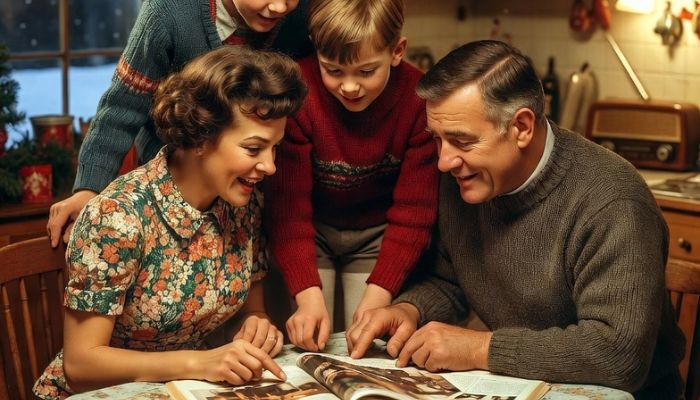 1960s British family reading Christmas magazine together at kitchen table pointing at festive advertisement - Grok Imagine