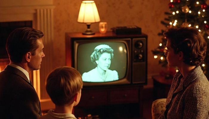 1960s British family watching Queen's Christmas broadcast on television in period living room with Christmas tree - Grok Imagine