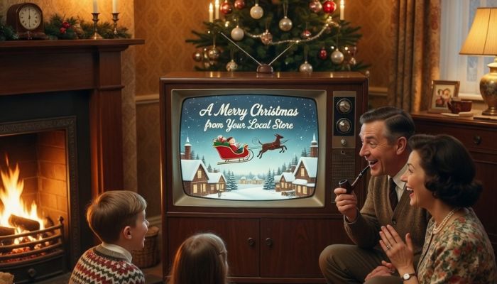 1960s British family watching first Christmas television advert on wooden cabinet television set with Christmas tree - Grok Imagine