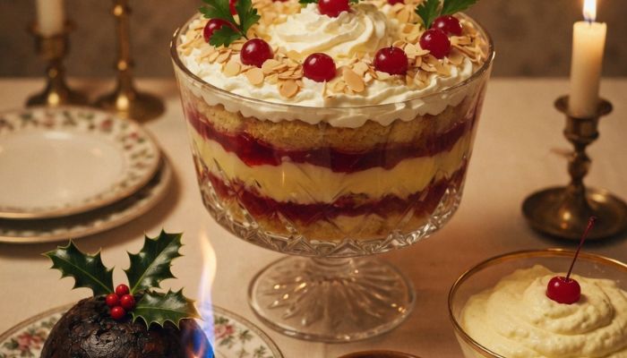 1960s Christmas dessert table with glass trifle bowl Christmas pudding instant whip and custard jug - Grok Imagine