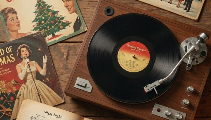 1960s Christmas music memorabilia including vinyl records turntable sheet music and holly on aged wood - grok imagine