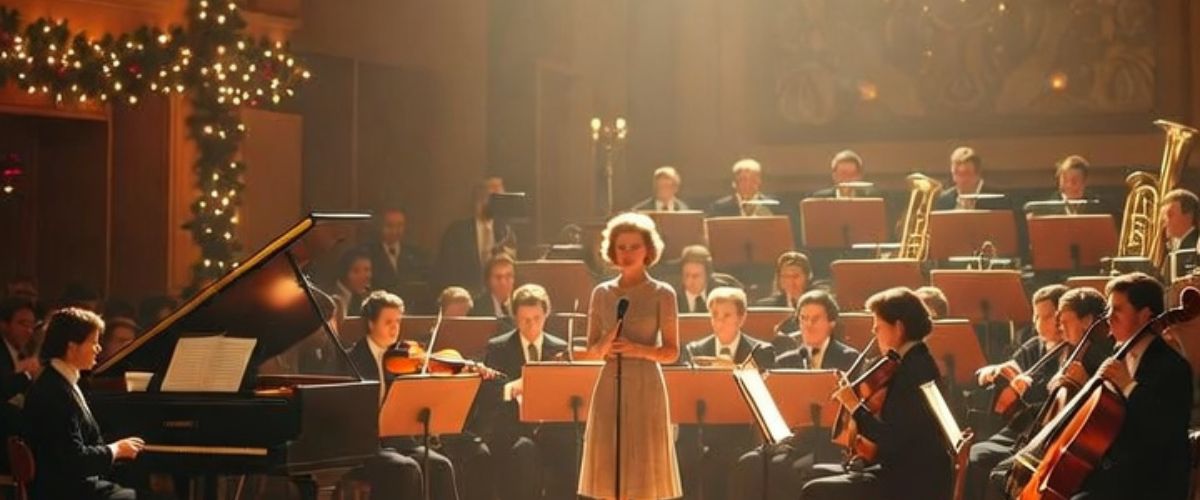 1960s Christmas music scene with female singer performing to captivated audience in decorated recording studio - grok imagine
