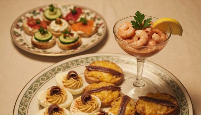 1960s Christmas party food including devilled eggs anchovy toast and prawn cocktail on retro serving plate - grok imagine
