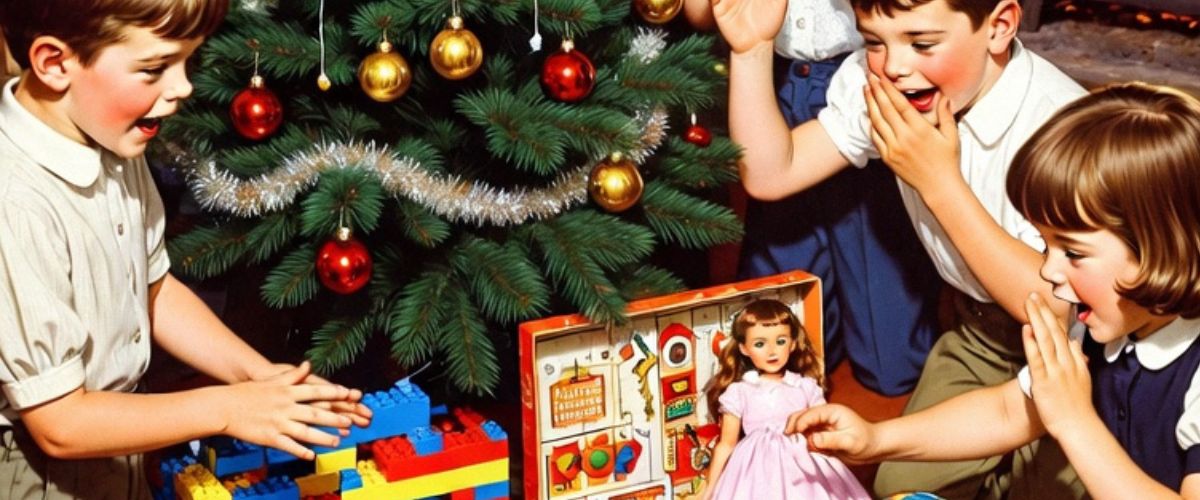 1960s children discovering Christmas toys under tree including construction bricks board game and fashion doll - Grok Imagine