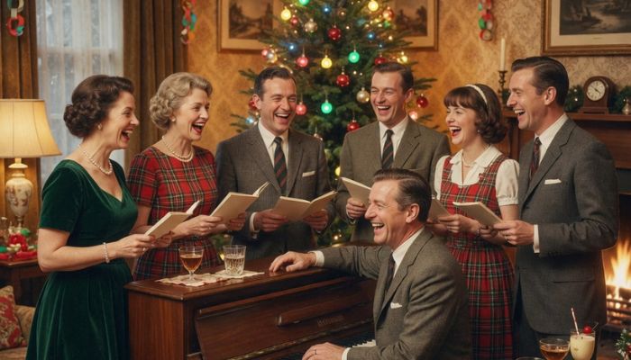 1960s friends singing Christmas songs together around piano at festive party with Christmas tree and decorations - grok imagine