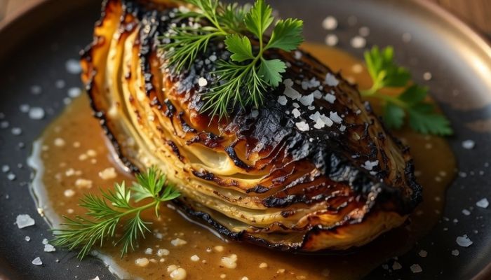 Beautifully roasted hispi cabbage with golden brown butter sauce sea salt and fresh herbs on dark ceramic plate -Grok Imagine