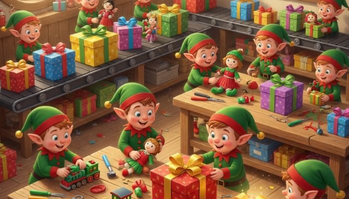 Busy North Pole workshop in summer with elves building wrapping and testing Christmas gifts at wooden benches - Grok Imagine