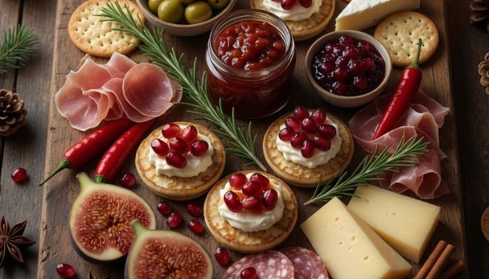 Christmas grazing board with cured meats cheese crackers olives canapés and cranberry sauce on wooden board - Grok Imagine