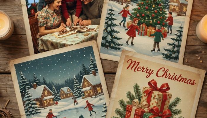 Collection of beautifully illustrated 1960s style Christmas magazine advertisements arranged on aged wood - Grok Imagine