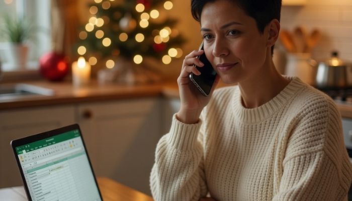 Confident woman calling her bank at kitchen table with laptop and notepad with action steps and Christmas decorations - Grok Imagine