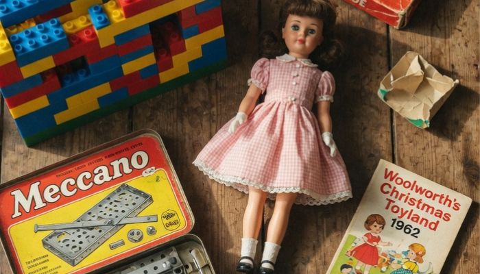 Early 1960s British Christmas toys including construction bricks fashion doll and mouse catching board game - Grok Imagine